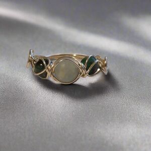 Handmade Wire Wrapped Aquamarine & Emerald Ring – Silver Tone Band
